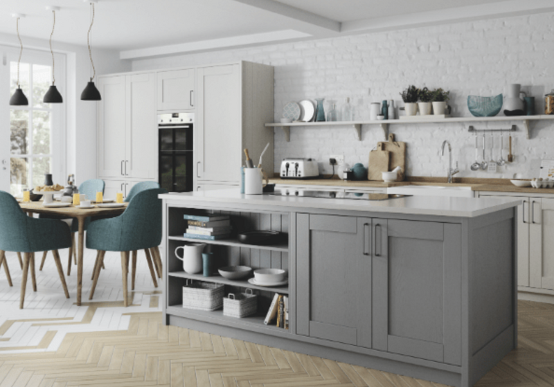grey-island-open-shelving-exposed-brick-teal-chairs What a Derby Kitchen Fitter Contract Actually Covers