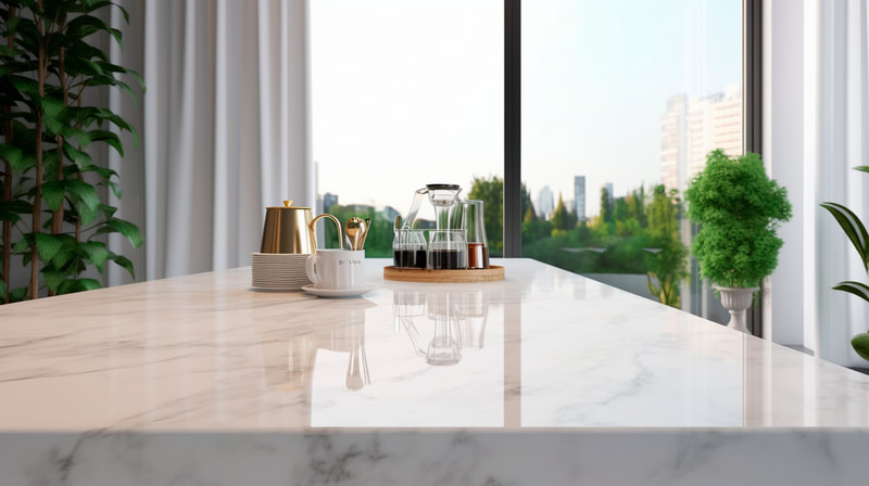 marble-worktop-close-up-with-tableware Close-up of a marble worktop surface with tableware