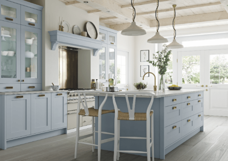 pale-blue-cabinetry-marble-worktop-bar-stools The Trades and Materials Behind a Cabinetry Build